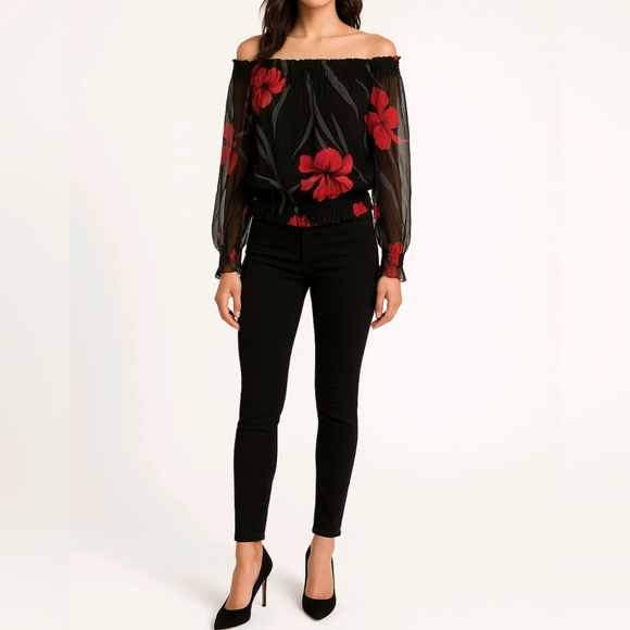 Spencer Jeremy Blouse Silk Black Floral Off Shoulder Long Sheer Sleeve Size 8 - Picture 1 of 11